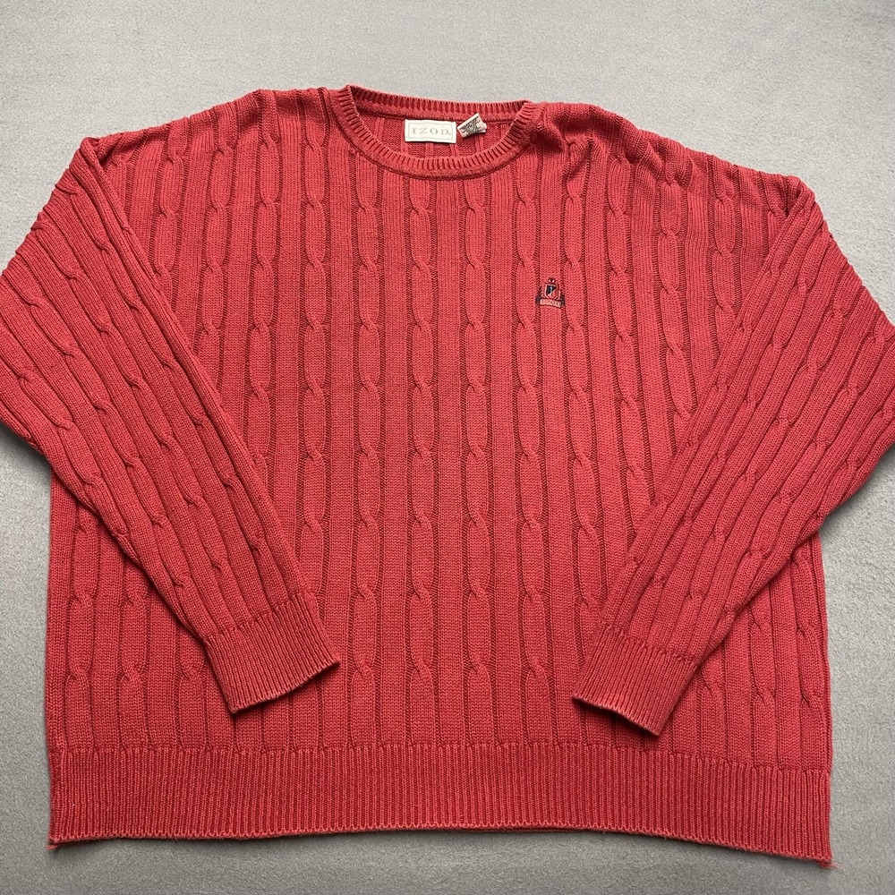Vintage Izod Sweater Mens XL Red Cable‎ Knit Pullover Crest Logo Made In USA 90s